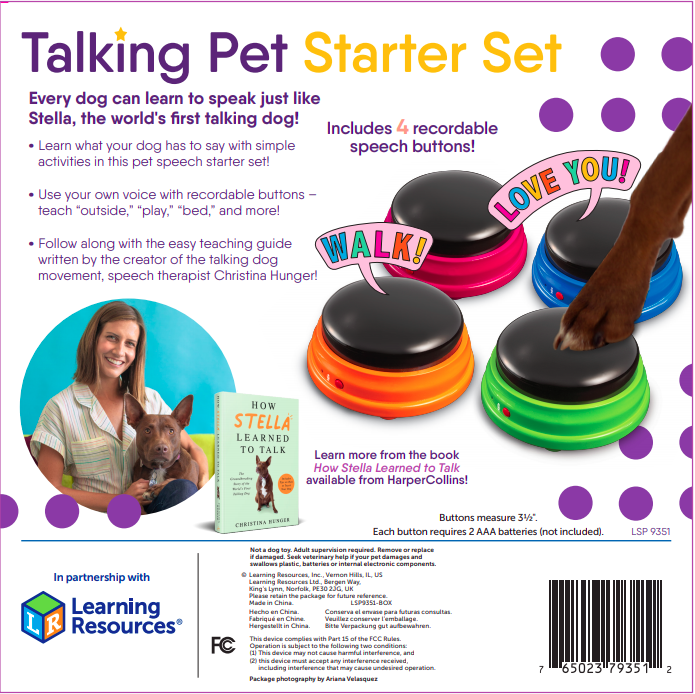 Talking Pet Starter Set box. Includes four recordable speech buttons. Includes instructional guide.