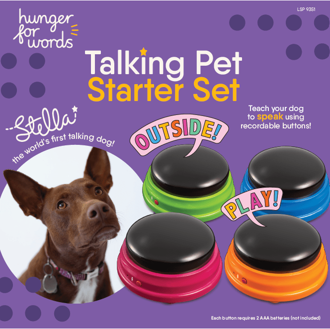 Hunger for Words talking pet starter set. A kit to teach your dog to speak using recordable buttons.