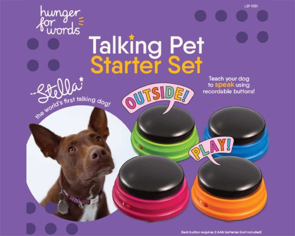 Hunger for Words Talking Pet Starter Set. A product to teach your dog to speak using recordable buttons.